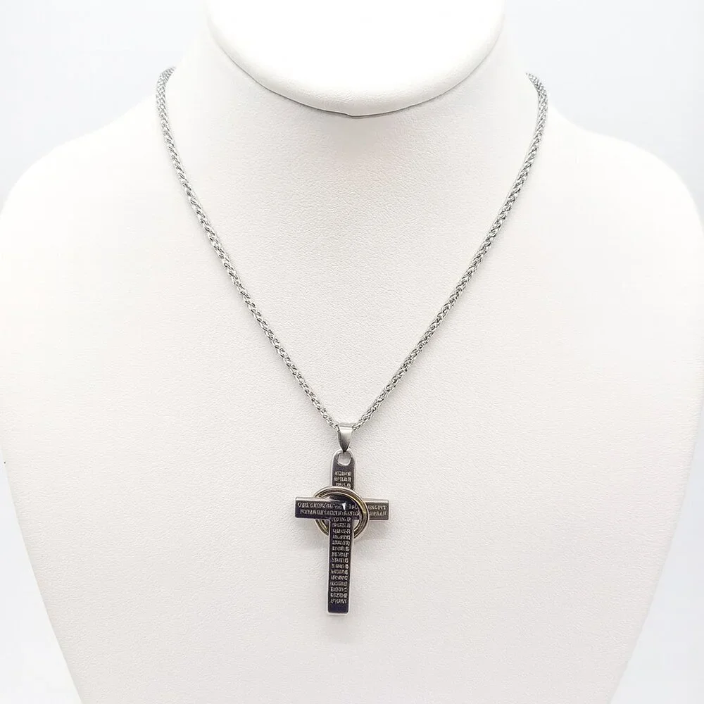 ✨ Silver Lord's Prayer Cross Pendant Necklace Interlocking Ring Unisex NWT